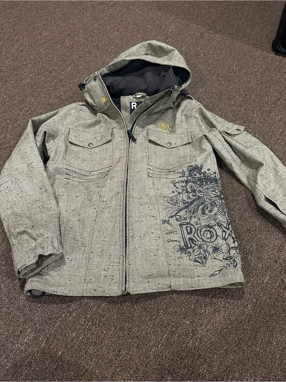 Roxy Kids Gray Hooded Puffer Jacket with Graphic Print